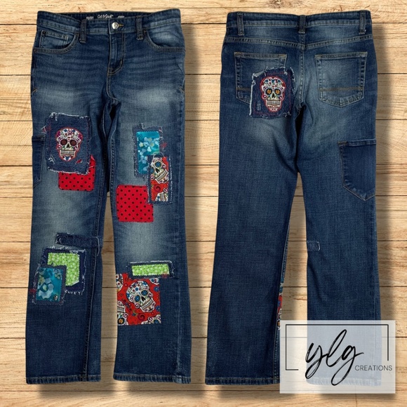 Cat Jack Stretch Jeans Day of the Dead Boho Sugar Skull Patch Red Black Girls 14 - Picture 1 of 12